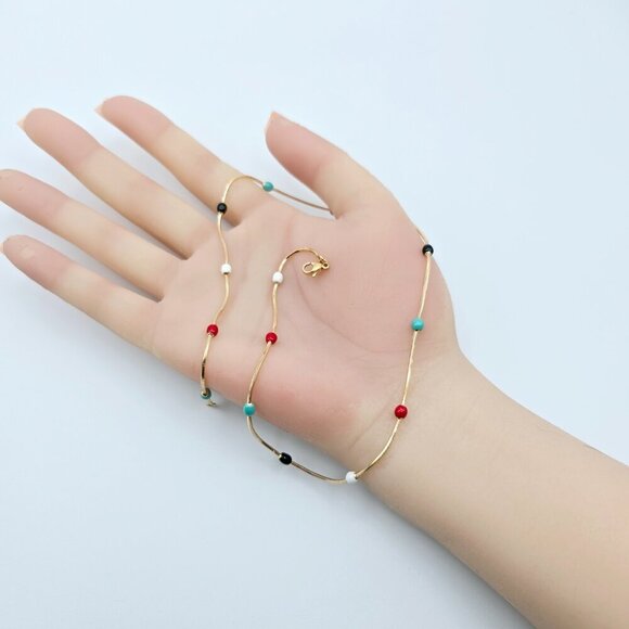 "Elegant Rose Gold Necklace with Multicolor Beads, XPNL0116 - Picture 11 of 12